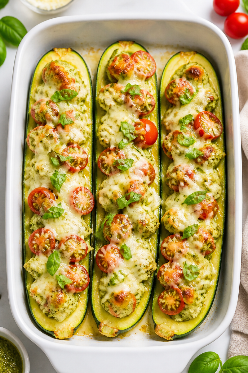 Crispy Baked Zucchini Boat Pesto Chicken