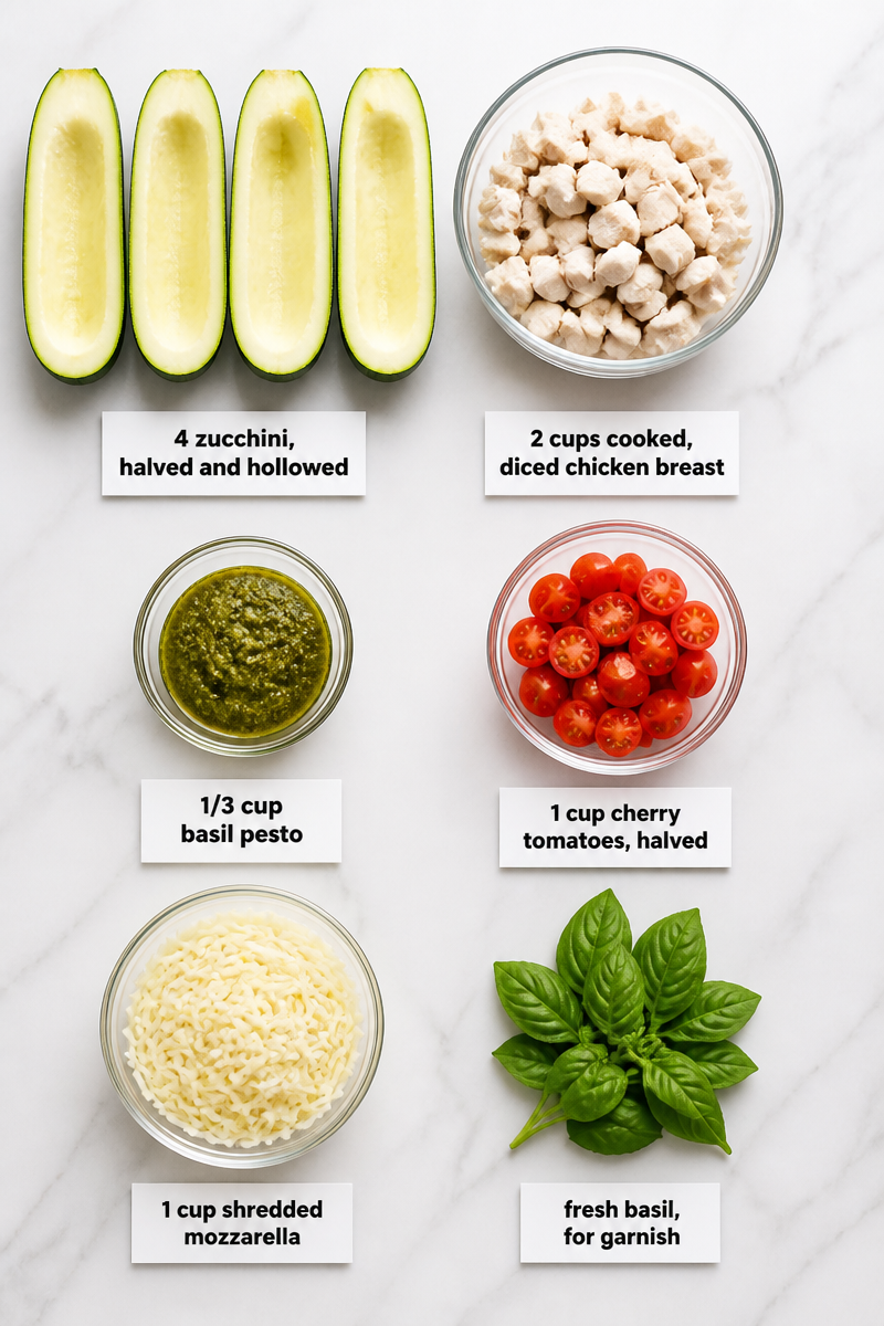 Crispy Baked Zucchini Boat Pesto Chicken