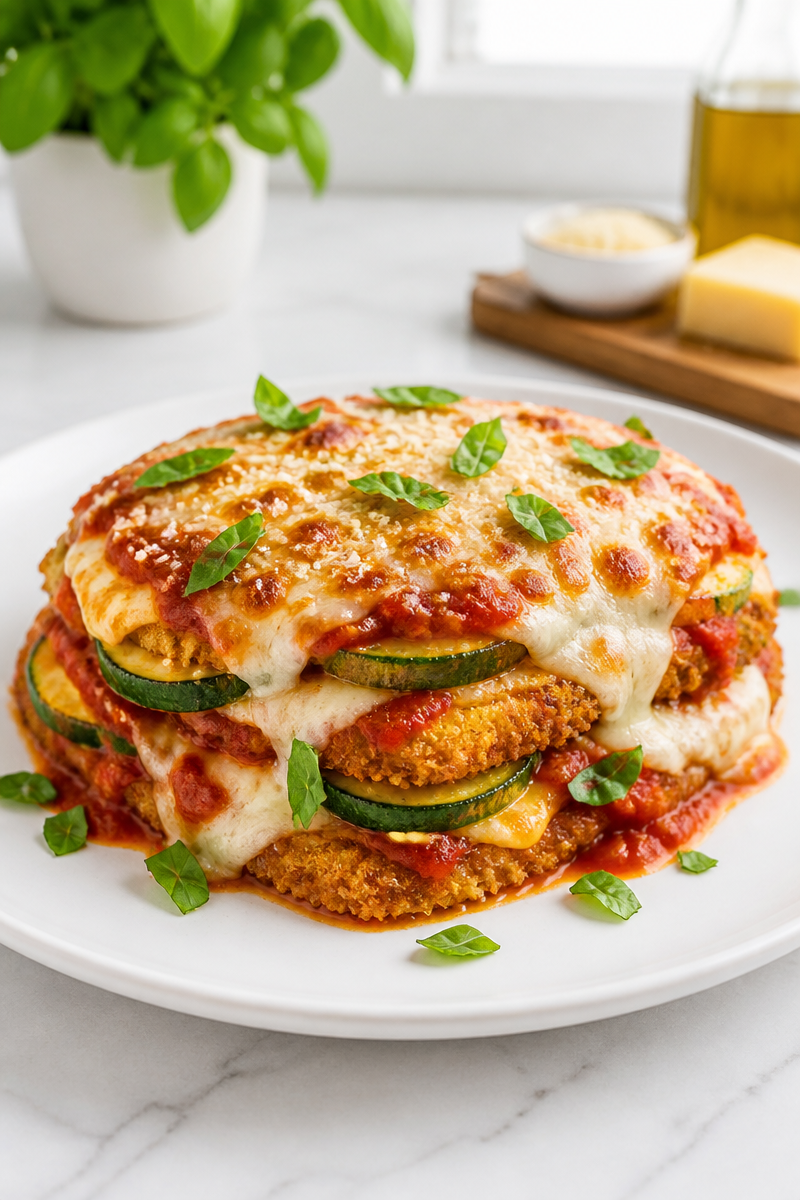 Crispy Baked Zucchini Chicken Parmesan Stack