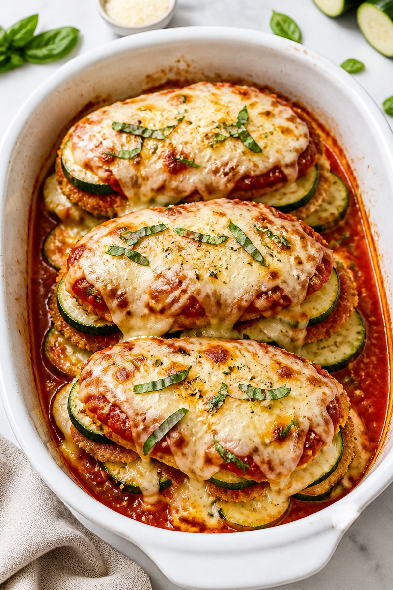 Crispy Baked Zucchini Chicken Parmesan Stack