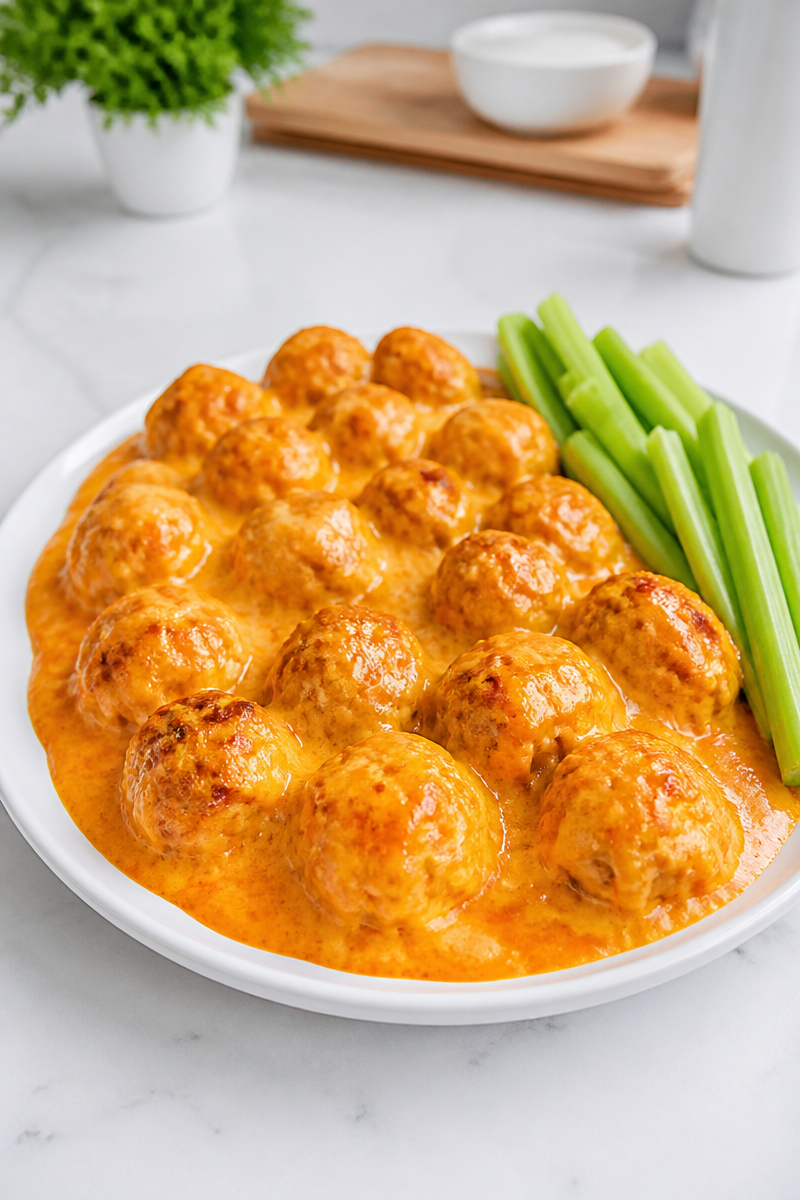 Keto Buffalo Chicken Meatball Bake