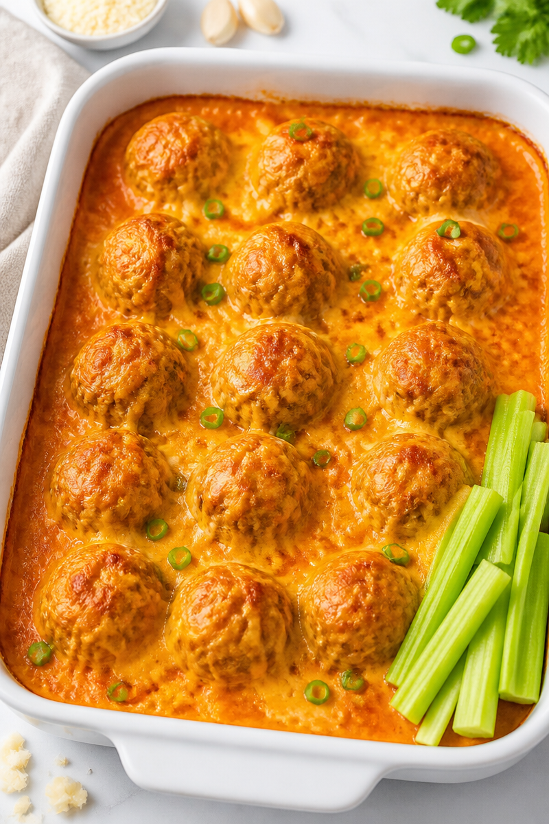 Keto Buffalo Chicken Meatball Bake