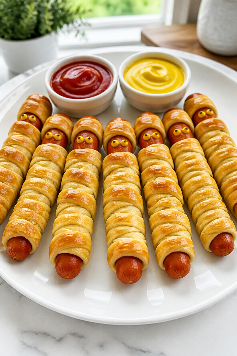 Mummy Wrapped Hot Dogs with Eyes