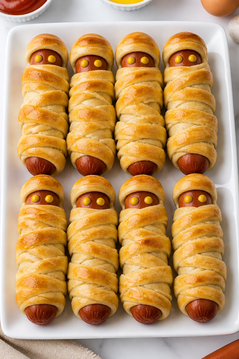 Mummy Wrapped Hot Dogs with Eyes