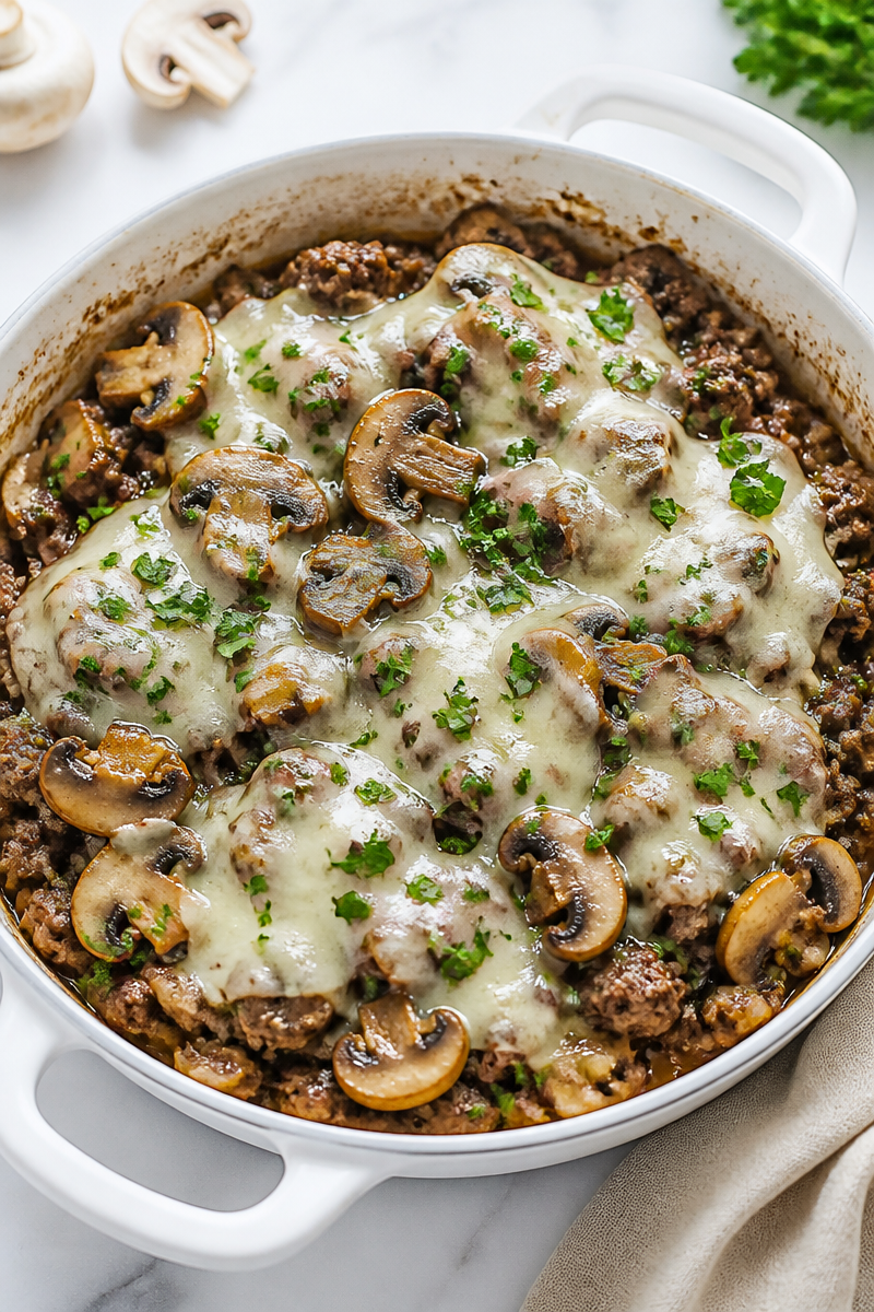 Mushroom Swiss Burger Skillet Bake Mushroom Swiss Burger Skillet Bake