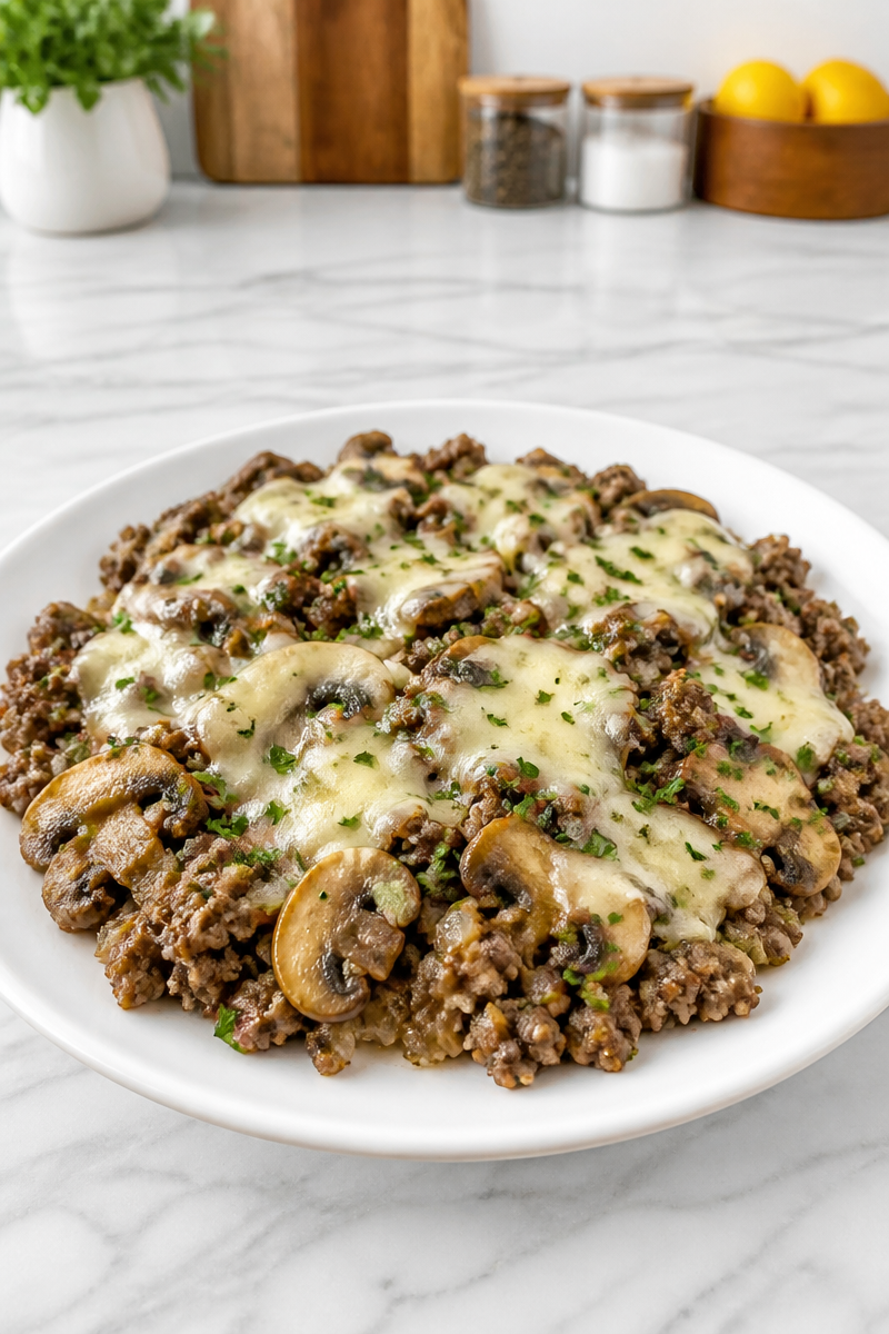 Mushroom Swiss Burger Skillet Bake Mushroom Swiss Burger Skillet Bake