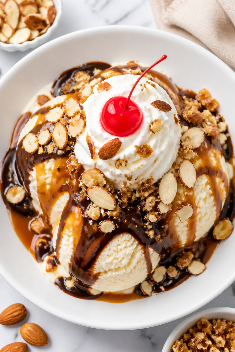 Toffee Almond Ice Cream Sundae