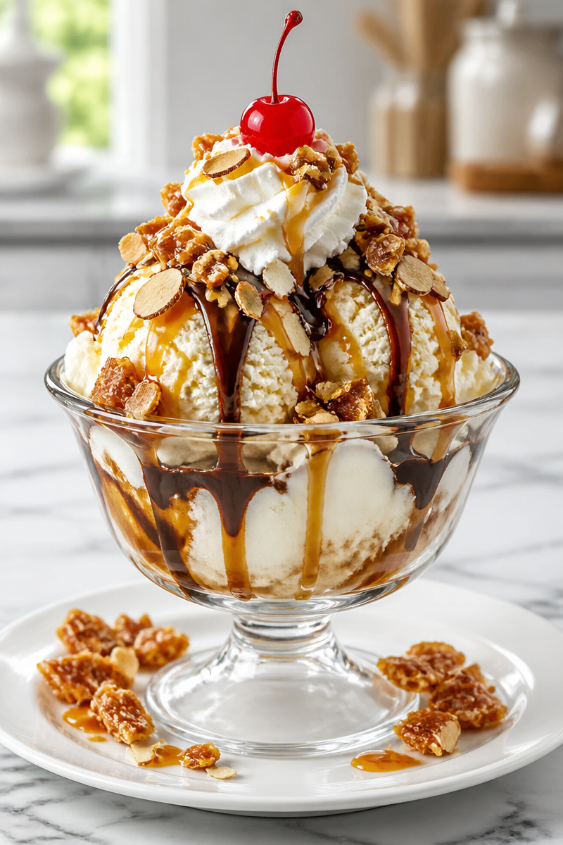 Toffee Almond Ice Cream Sundae