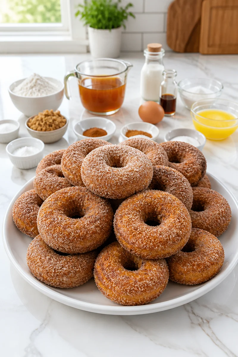 Baked apple cider donuts freshly made and sprinkled with cinnamon sugar