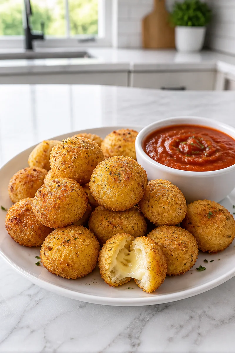 Baked cheddar cheese curd bites served on a plate