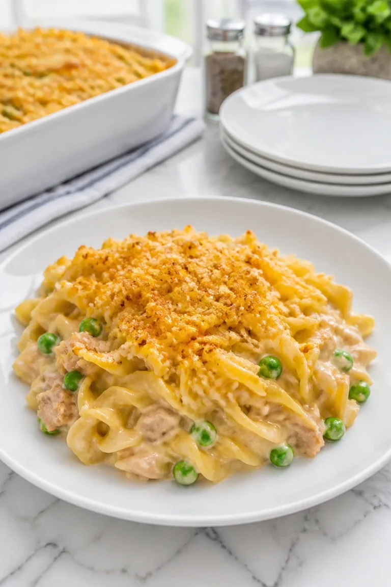 Creamy classic tuna noodle casserole served in a baking dish