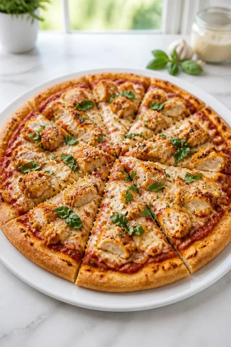 Crispy Baked Chicken Parmesan Pizza fresh out of the oven
