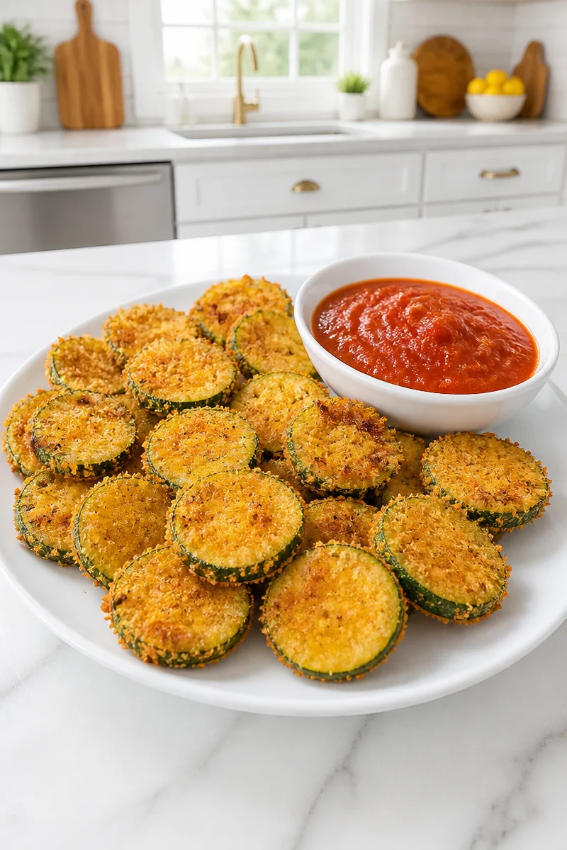 Baked zucchini chips seasoned with nutritional yeast for a healthy snack