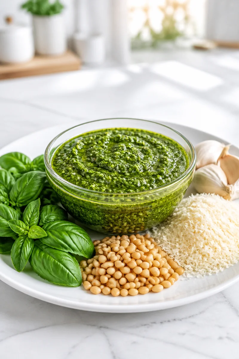 Fresh homemade basil pesto sauce in a glass jar with basil leaves.