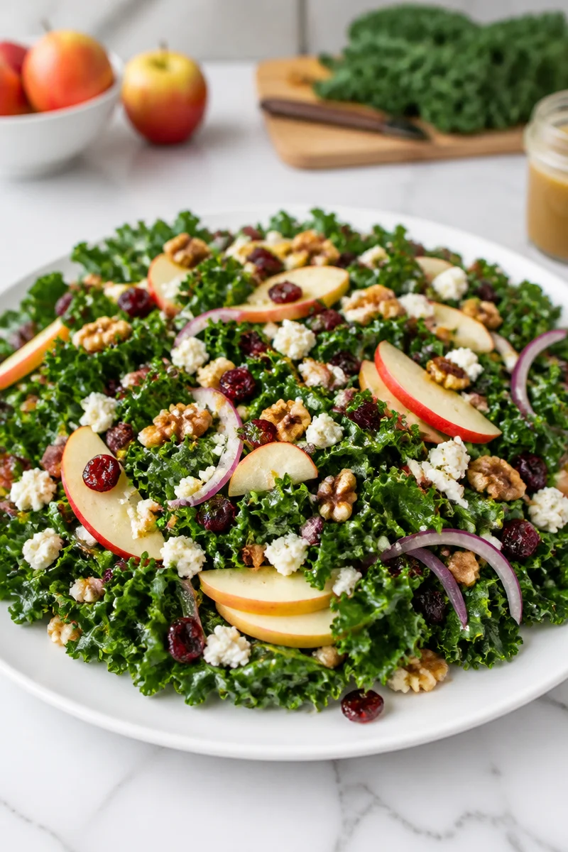 Harvest Kale Apple Walnut Salad with fresh ingredients in a bowl