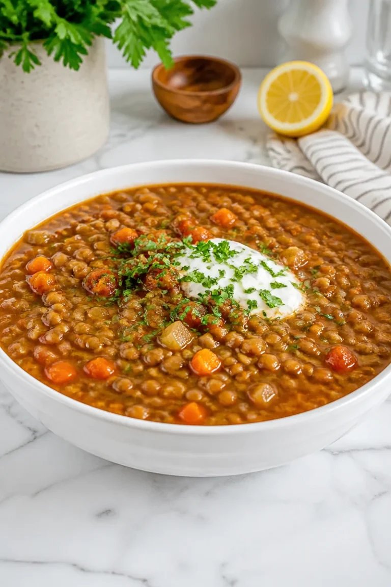 Bowl of hearty spiced lentil vegetable soup with fresh herbs and vegetables