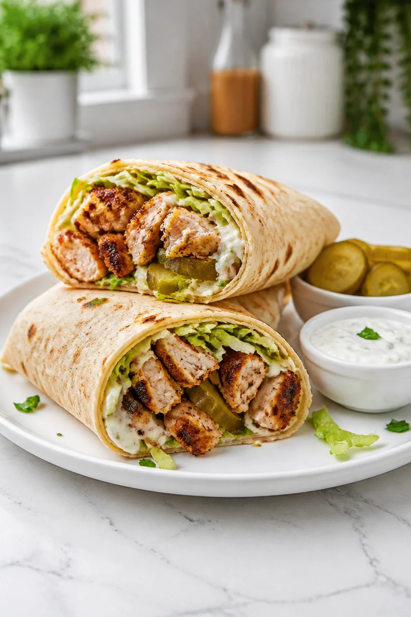 Homemade Chicken Shawarma Spice Wrap with colorful garnishes and sauces