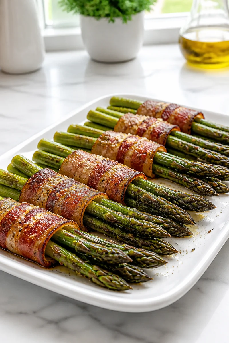 Keto bacon wrapped asparagus bundles on a serving platter