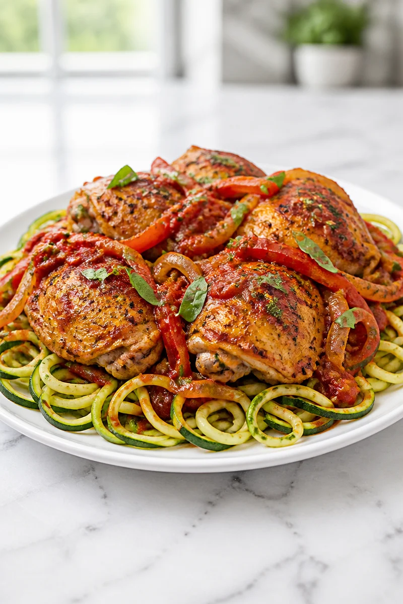 Keto Chicken Cacciatore served with zucchini noodles in a skillet
