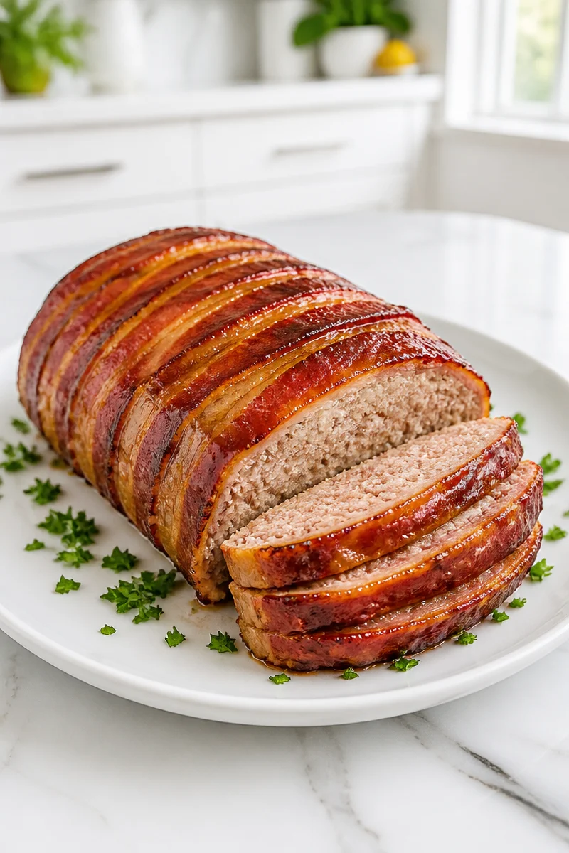 Keto Turkey Meatloaf wrapped in bacon on a serving plate
