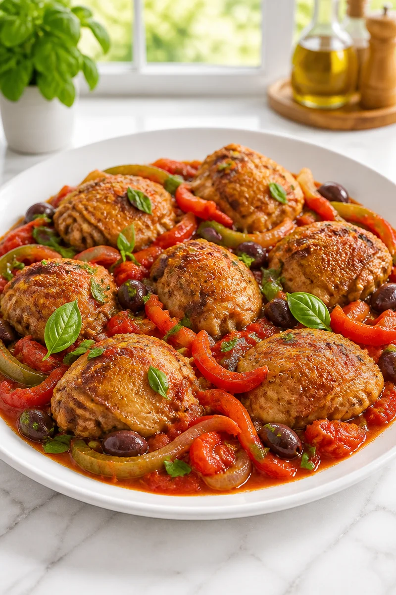 Skillet dish of chicken cacciatore with herbs and vegetables