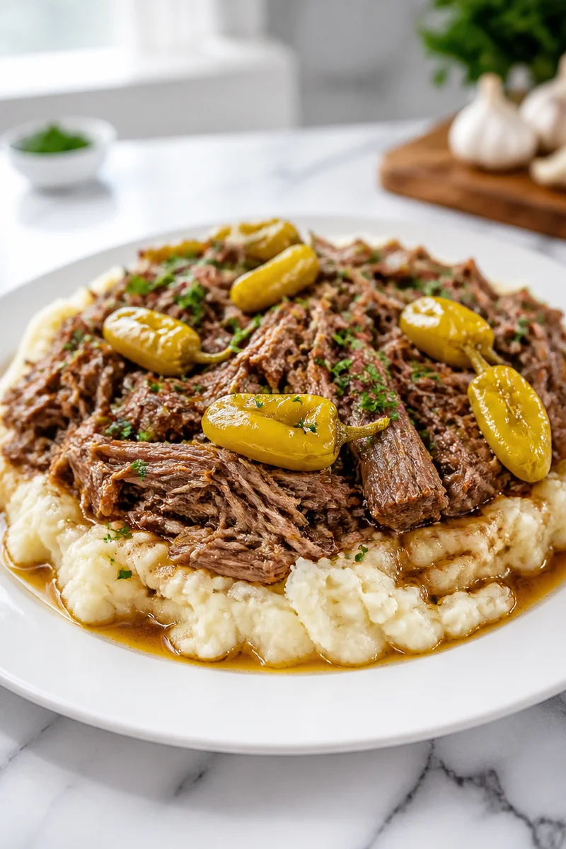 Slow Cooker Mississippi Pot Roast served on a plate with vegetables