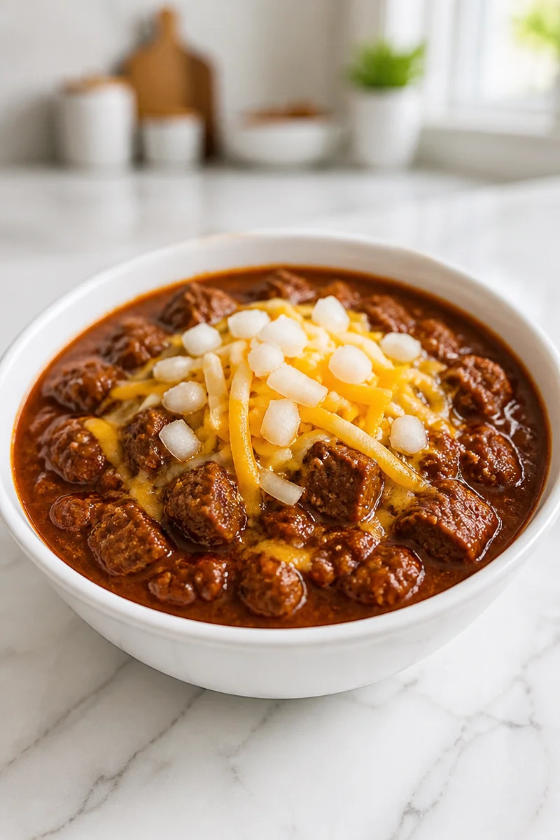 Bowl of Slow Cooker Texas Style Chili with ingredients on the side.