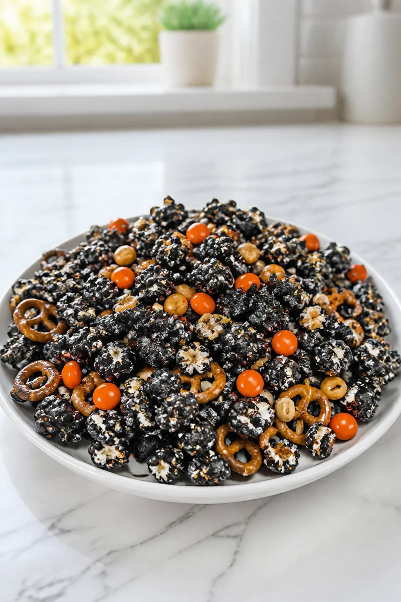Black Cat Popcorn Crunch Mix with popcorn, nuts, and tasty treats