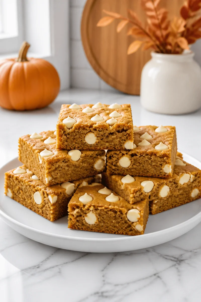 Chewy brown butter pumpkin blondies served on a rustic wooden table.