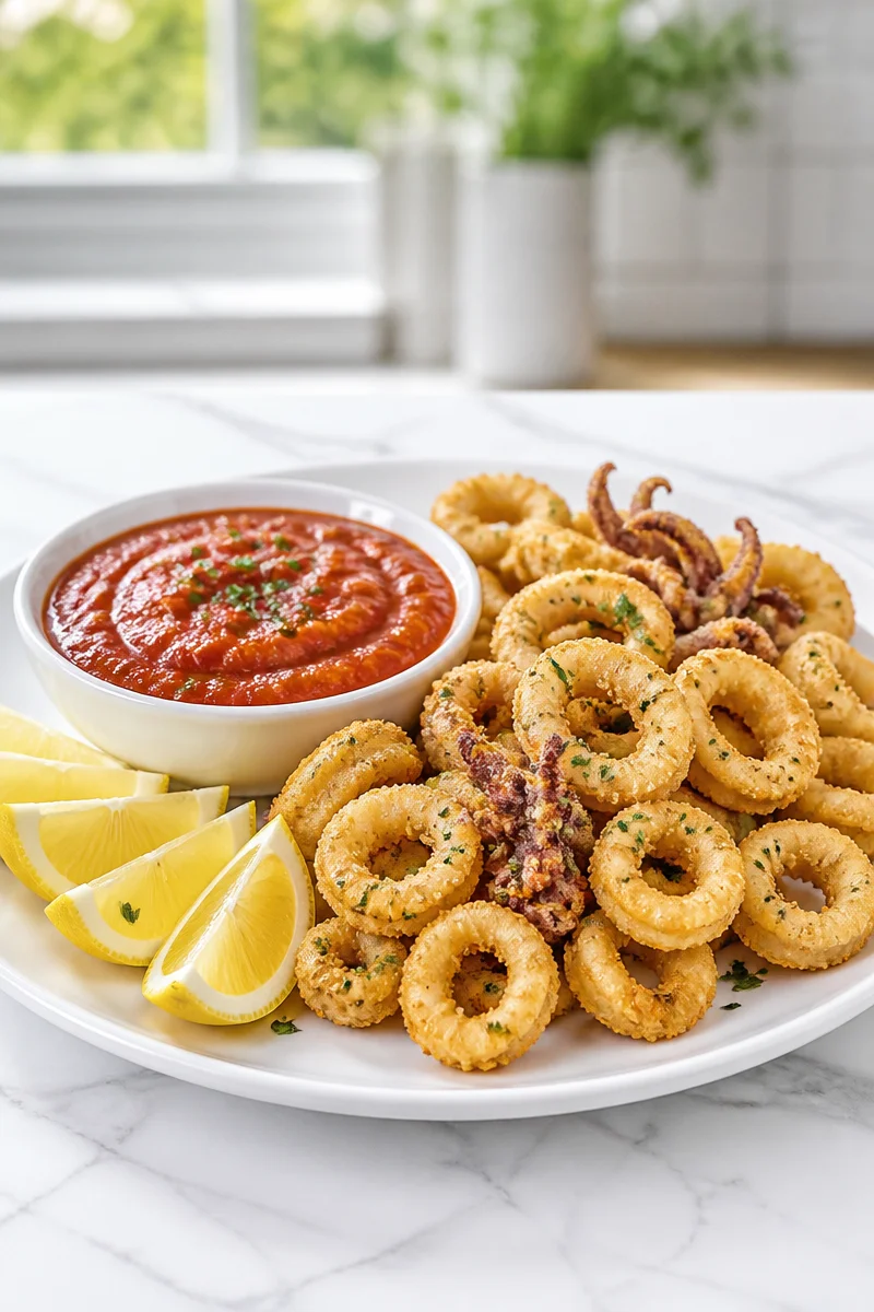 Delicious classic fried calamari served as a Christmas Eve appetizer.