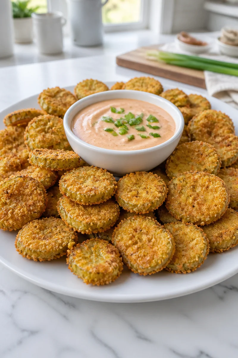 Crispy fried pickle chips with Creole sauce on a plate