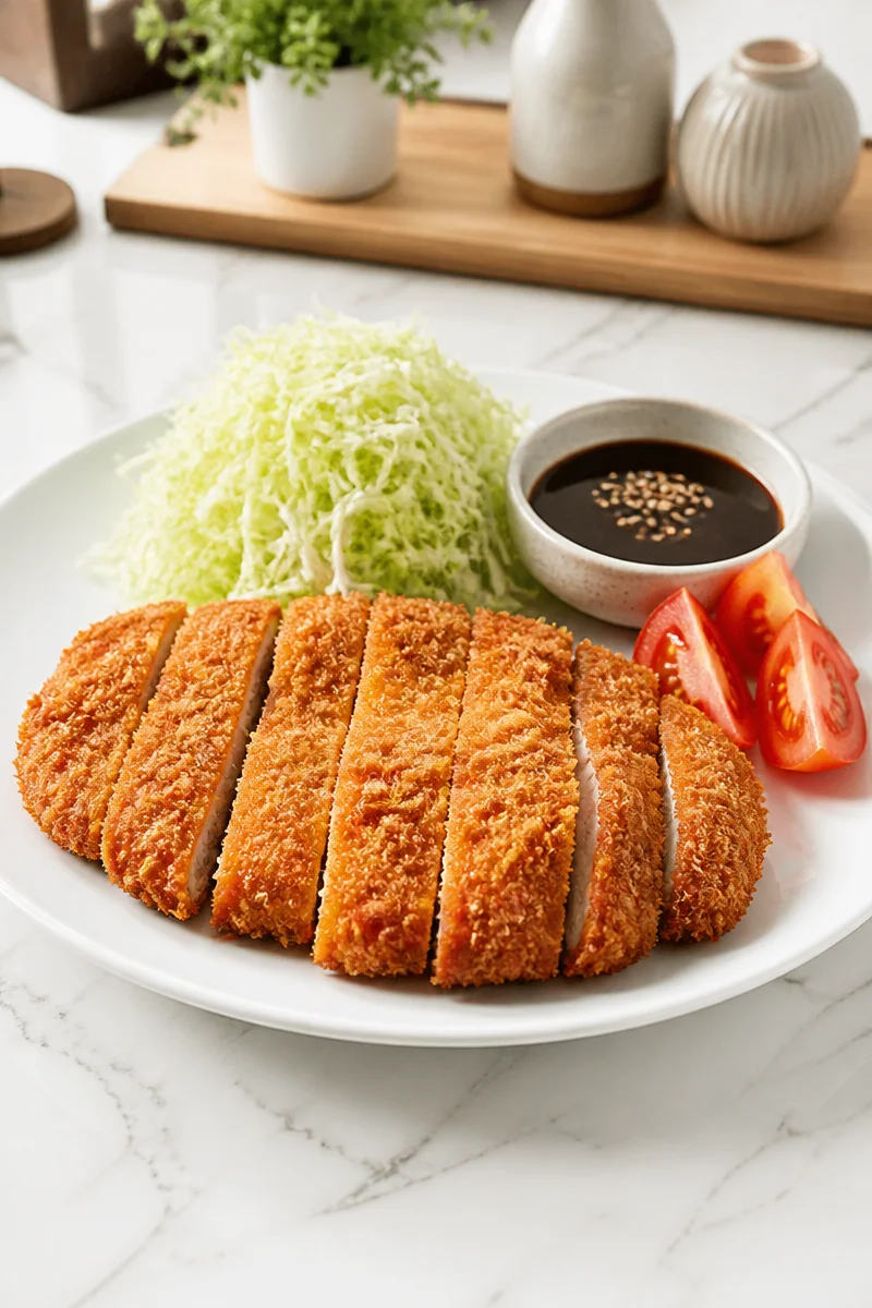Crispy Japanese chicken katsu served with a flavorful sauce.