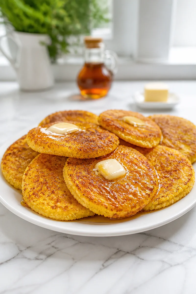 Plate of crispy Southern skillet cornmeal hoecakes served with butter and syrup