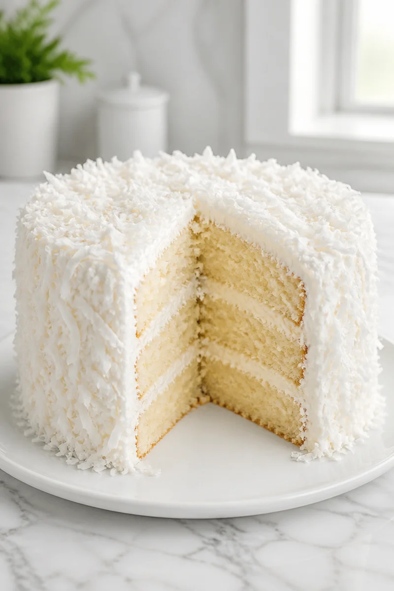 Slice of dreamy Southern Coconut Layer Cake with coconut frosting and decorations.