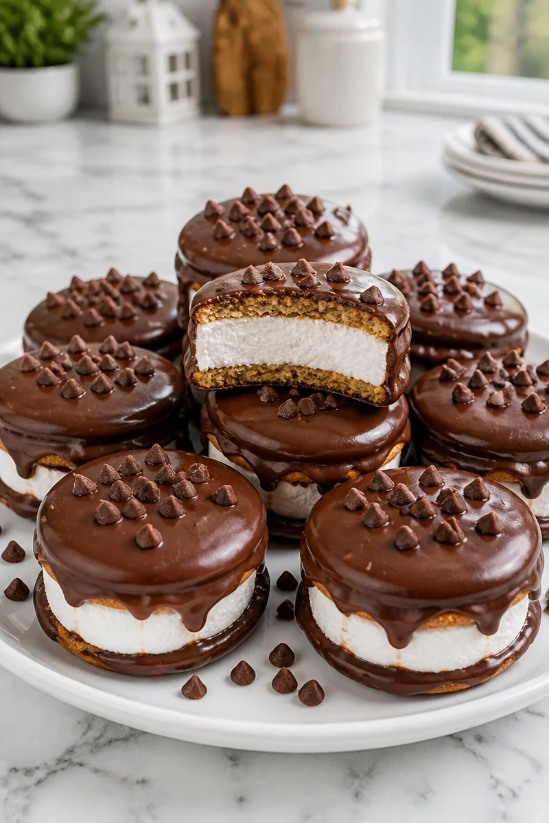 Homemade chocolate marshmallow Moon Pies on a wooden table