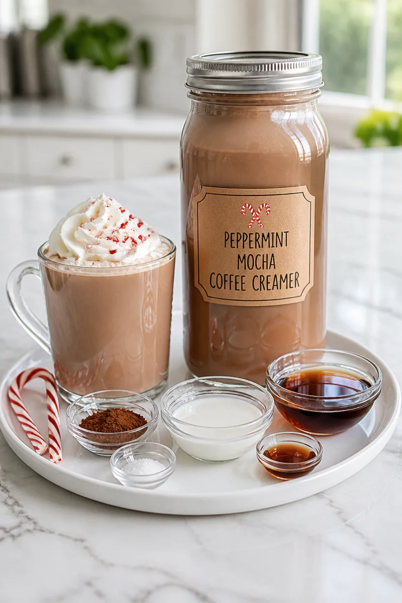 Homemade peppermint mocha coffee creamer in a glass jar with a festive background.