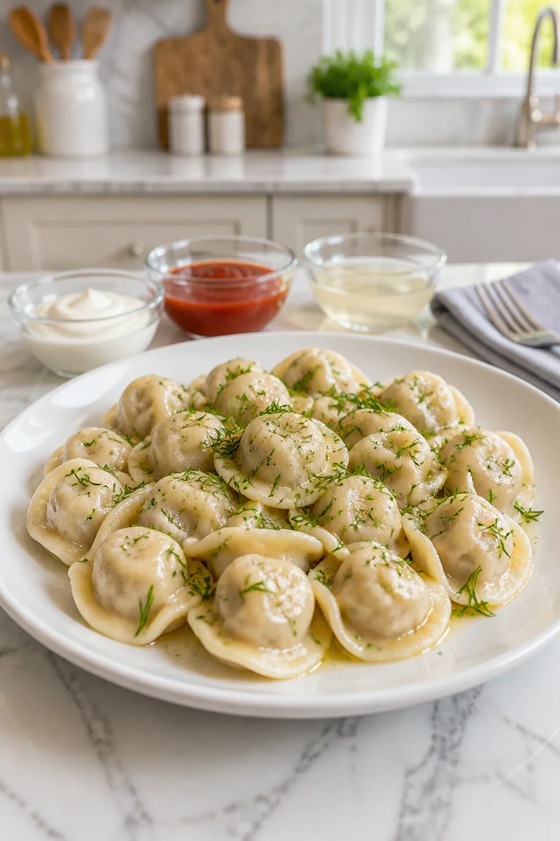 Homemade Russian Pelmeni Meat Dumplings on a wooden table