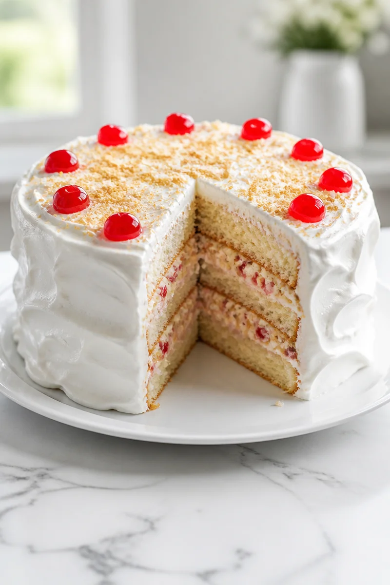 Lady Baltimore Cake with airy frosting and colorful fruit topping