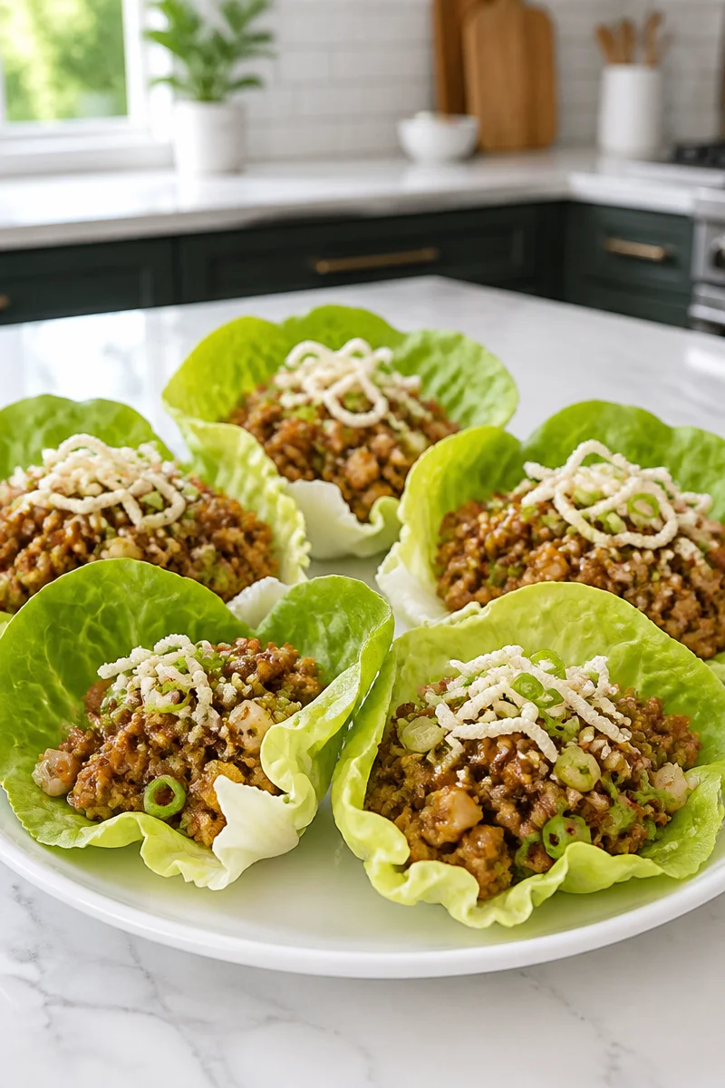 Savory chicken lettuce wraps with hoisin sauce served on a plate.