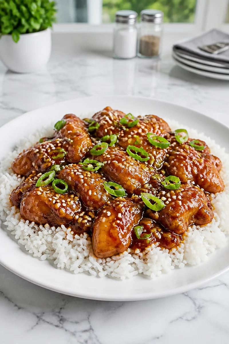 Slow cooker honey garlic chicken served with vegetables on a plate
