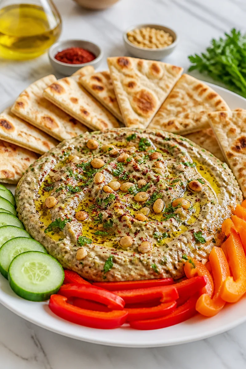 Smoky roasted eggplant baba ganoush dip served with pita bread